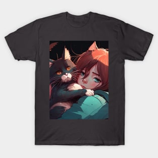 2d illustration of woman hugs her cat in anime style T-Shirt